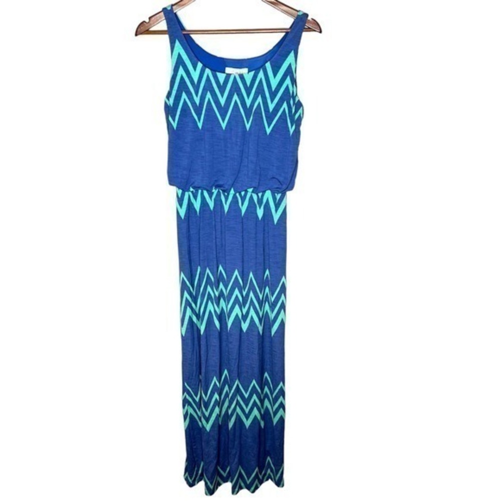 Pixley blue chevron print sleeveless blouson top maxi dress stretch size small